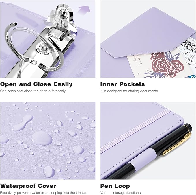 Ospelelf Leather Mini Binder Vintage Hardcover 2 Inch Rings, Professional Small 3 Ring Binders Organizer Suitable for 5.5" x 8.5" Documents, Binder Dividers with Tabs, Purple