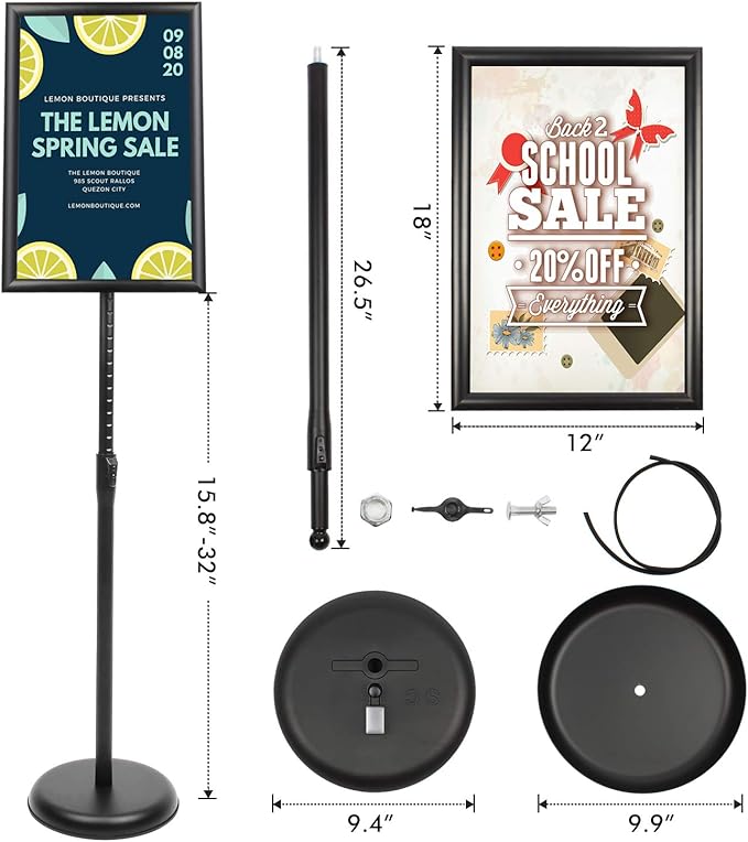 DISPLAYSWORKER Adjustable Poster Sign Stand 11 x 17,Floor-Standing Sign Holder with Heavy Duty Pedestal,Aluminum Snap-Open Frame , Vertical and Horizontal View Sign Displayed, Black (11 x 17)