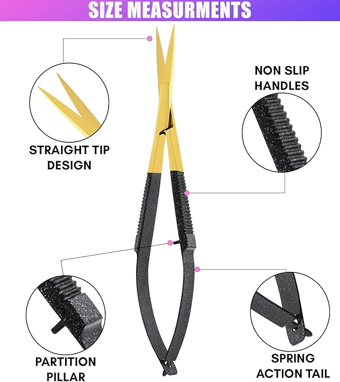 Cross Edge Spring Scissors 5 Inch straight Stainless-Steel Precision Eyebrow & Eyelash Shaping Trimming Scissor, Best for Squeeze Scissors, Embroidery & Knitting Micro Tip Craft (Gold Glitter Black)