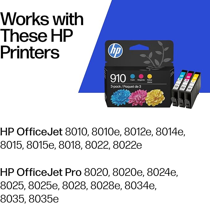 HP 910 Cyan, Magenta, Yellow Ink Cartridges Printers (3-Pack) | Works with Printer Series: OfficeJet 8010, 8020 Series, OfficeJet Pro 8020, 8030 | Eligible for Instant Ink | 3YN97AN, Pack of 24