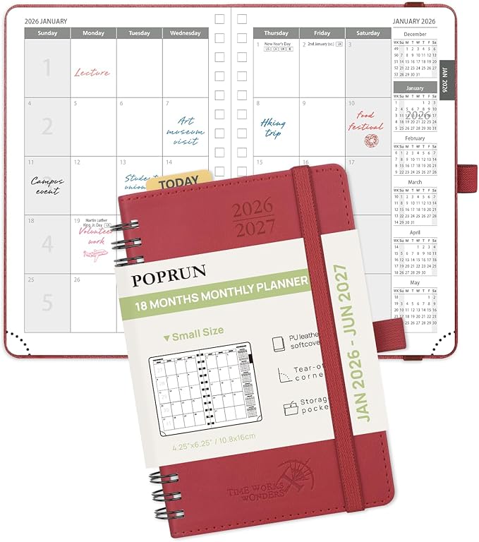 POPRUN Pocket Monthly Planner 2026-2027 (Small Size 4.25" x 6.25") 18 Months Calendar Book(Jan 2026 - Jun 2027) - 4 Pages per Month with Expense & Notes, Leather Cover, Sunday Starts - Burgundy