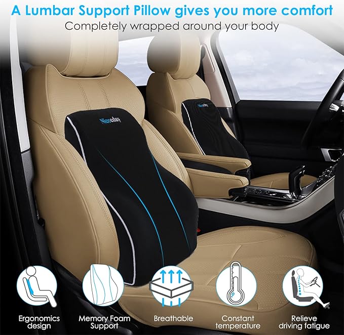 Niceeday Lumbar Support Pillow for Office Chair Car Back Support Pillow, Memory Foam Gaming Chair Desk Chair Back Cushion for Lower Back Pain Relief, Ergonomic Back Rest,Stocking Stuffers
