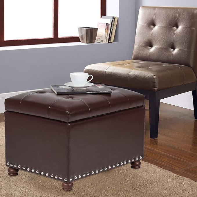 Decent Home Leather Storage Ottoman Bench Foot Rest Stool with Nailhead Trim (Dark Brown - Button Tufted Leather)