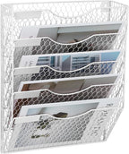 EASEPRES Mail Organizer Wall Mount Hanging File Holder Storage, Metal Chicken Wire Magazine Rack 5 Tier, White
