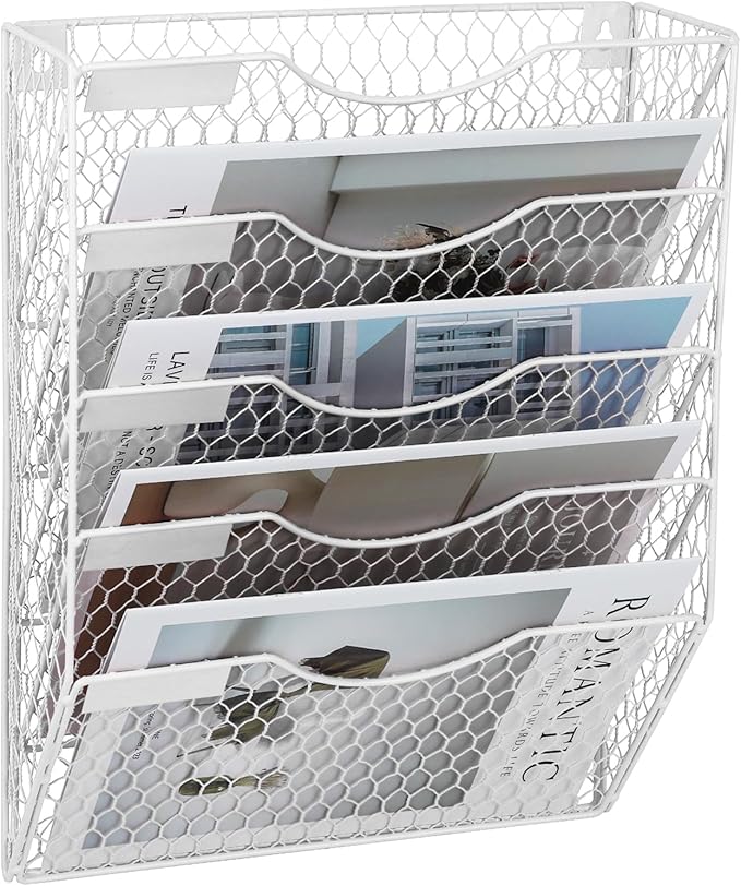 EASEPRES Mail Organizer Wall Mount Hanging File Holder Storage, Metal Chicken Wire Magazine Rack 5 Tier, White