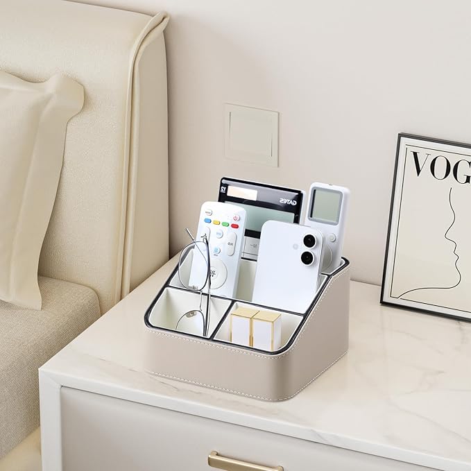 MEIBOOCH Remote Control Holder, PU Leather Small Desk Organizer with 4 Compartments, Nightstand Organizer Desk Caddy for Remote, Notepad, Phone, Glasses, and Accessories (Beige)