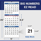 Dunwell 3-Month Wall Calendar 2026 (Blue), Large Monthly Hanging Calendar with Big Grid Numbers, Easy to Read Large Print, Use to Dec 2026, For Office or Home, 11x26 Open, Ships Folded