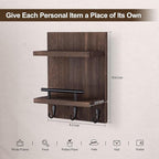 Lucundm Key Holder Wall Mount, Mail Shelf Decor with 3 Key Hooks, Versatile Wood Wall Organizer for Entryway Hallway (8.2” x 10.6”x 3.6”) (Brown)