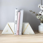 Cork & Mill Marble Book Ends for Shelves, Decorative Bookends for Heavy Books, Unique Mid Century Modern White and Gold Bookends with Brass Inlay, Heavy Duty Bookshelf Stopper, Set of 2