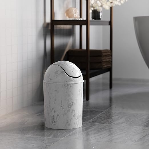 Umbra 1.25 Gallon Mini Waste Can with Removable Swing-Top Lid - Small Garbage Bin for Kitchen, Bathroom, Bedroom, Office - Compact Trash Can Fit Under Tables & Counters - White Marble