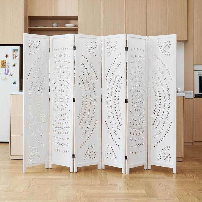 66.9Inch Folding Room Divider, 6 Panels Wood Carved Privacy Screens, Free Assembled Freestanding Partition for Home Office Restaurant Bedroom (White-Washed)