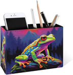 Famame Colorful Frog on Stone Pencil Holder for Desk, Leather Desktop Container Pen Cup Storage Study Table Pen Organizer Makeup Brush Holder for Classroom Office Home