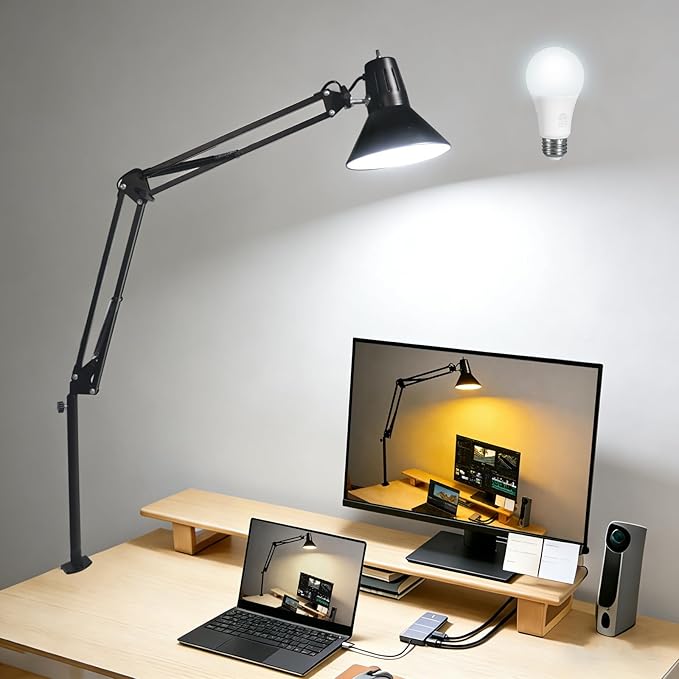 LED Desk Lamp Dimmable with Clamp, Eye-Caring Clip on Lights for Home Office, 3 Adjustable Color Temperature,Extra Tall Metal Swing Arm, High Intensity Clamp w/A19 E26 Bulb for Working Reading