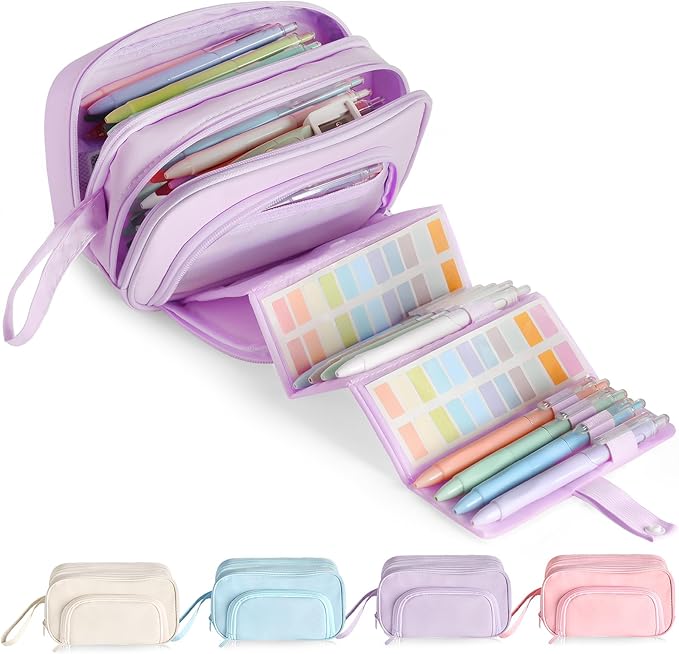 SANANT Large Capacity Pencil Case with Pull-out Structure - Multifunctional Extra Big Pencil Pouch Pen bag, Portable Stationery Organizer with Zipper, Office School Supplies for Boys Girls, Purple