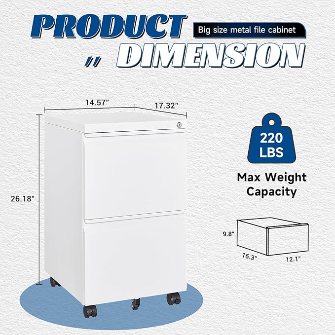 Fesbos 2 Drawers Vertical File Cabinet - Fully Assembled White Under Desk Mobile Filling Cabinet Small Lockable Home Office File Cabinets for A4/Letter/Legal Size