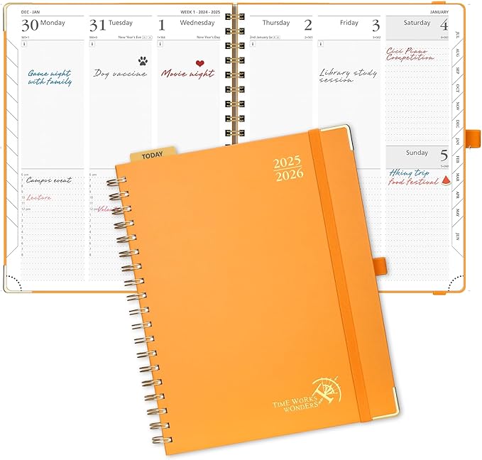 POPRUN Academic Planner 2025-2026 (July 2025-June 2026), Daily Weekly and Monthly Appointment Book (Wirebound Hard Cover - 10'' x 8'') with Hourly Time Slots, Tabs, 100 GSM - Orange