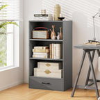 LOKO 4-Tier Bookcase with Storage Drawer, Modern Organizer Display Storage Shelves with Anti-toppling Device, Freestanding Bookshelf with 3 Open Shelves & 1 Drawer, Living Room, Study, Office (Grey)