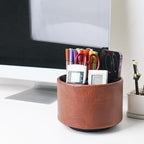 Hennaja Round Leather Art Supply Organizer,Remote Control Holder,360 Degree Spinning,Multi-Functional Pencil Holder,4 Compartments Desktop Stationary Organizer(1-Crazy Red)