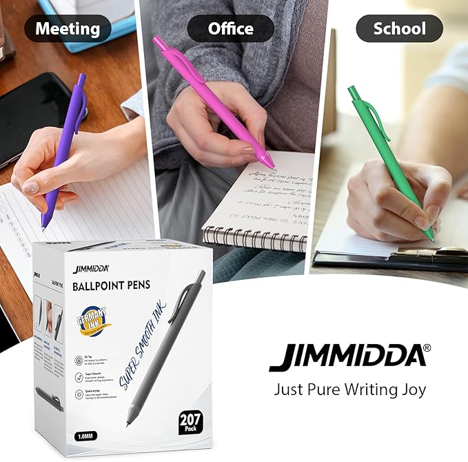 JIMMIDDA Ballpoint Pens Bulk - 107 Pcs Black Ink Pens in Bulk | 1.0 Medium Point Smooth Writing, Wholesale Retractable No Bleed Ball Point Pen for Men Women (Color Barrel)