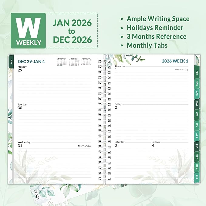 SUNEE 2026 Weekly and Monthly Planner - from January 2026 - December 2026, Daily Agenda Planner with Monthly Tab, Flexible Cover, Note Pages, Pockets, Bookmark, Spiral Binding, Greenery, 6.4" x 8.3"