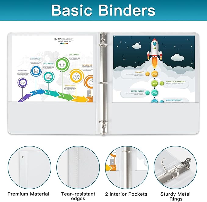 3 Ring Binder, LAYZZ 12 Pack 1 Inch Binders 3 Ring with 2 Pockets, Round Ring Binders, Clear Cover Binders for Letter Size 8.5"x11" Paper, PVC Free, Suitable for School Home and Office (White)