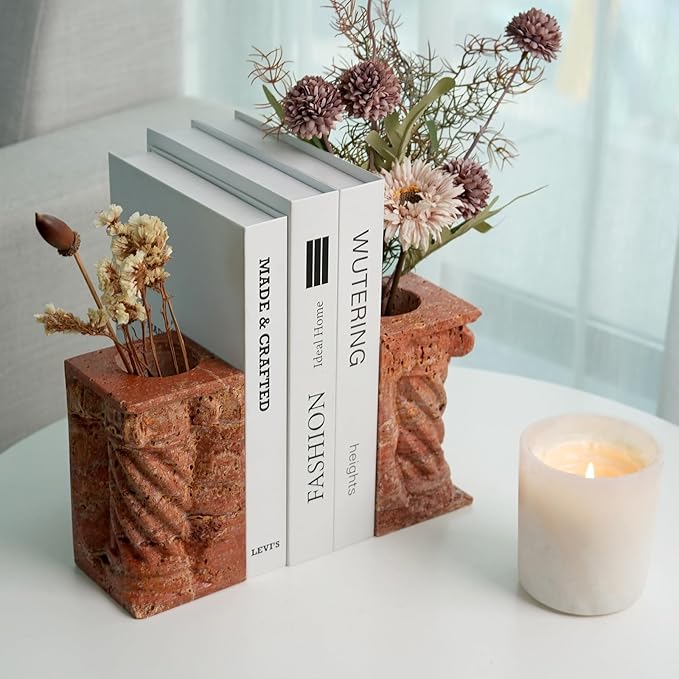 Decorative Roman Column Book Ends & Vase - Heavy Duty Marble Book Ends for Heavy Books, Vintage Home Office Decor, Dual Use as Flower Vase, Natural Stone Bookends for Shelves (2PC, Red)