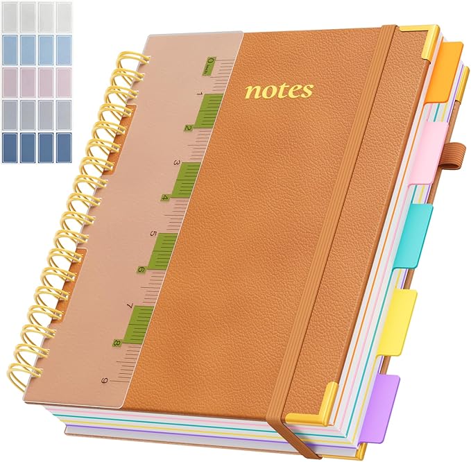 XYark Line Hardcover Spiral Notebook with Removable Dividers Tabs & Ruler, 5 Subject Notebook College Ruled, 300 Page, Large 8"x10" B5 Notebooks for Work School, Lined Journal for Women & Men, Orange