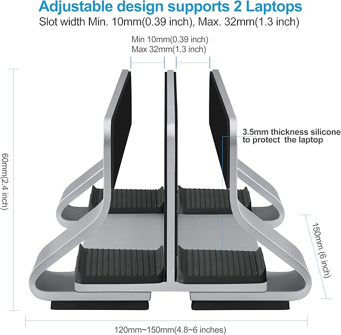 Psitek Aluminum Dual Vertical Laptop Stand Dock Holder, Supports 2 Devices, Adjustable Slot Width 15-36mm, Space-Saving Upright Storage for MacBook and Laptops