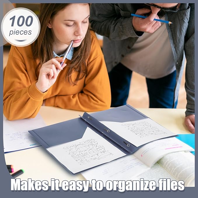 Lincia 100 Pcs Plastic Folders with Pockets and Prong Folders with Prongs 2 Pockets for Office, School for Students, Teachers, Office Workers(Grey Blue)