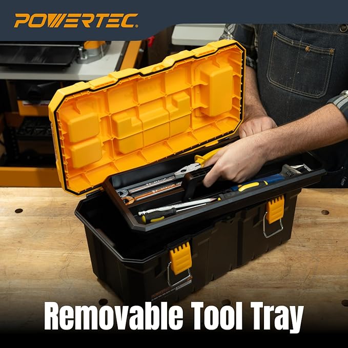 POWERTEC 19-Inch Tool Box with Trays - Lockable, Metal Latch, Organizer, Portable Storage for Tools, Small or Mid-Sized Parts (72362)