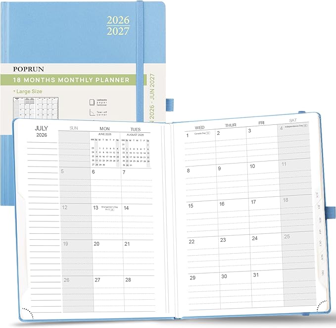 POPRUN Monthly Planner 2026-2027, Large-8'' x 10'', 18-Month Calendar Book (Jan.26 - Jun.27), Calendar Planner with Monthly Tabs, Storage Pocket, Hardcover, 100 GSM Paper - Haze Blue