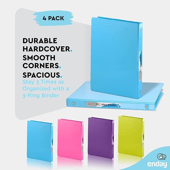 ½ Inch 3 Ring Binder .5 inch Clear View Cover with 2 Inside Pockets, Colored School Supplies Office and Home Binders - Assorted Colors May Vary (4 Pack) – by Enday