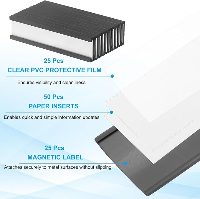 PATIKIL Magnetic Label Holder 2" x 0.5" with Paper Inserts, 25 Pcs C Channel Magnetic File Cabinet Labels Shelf Data Card Holder Signs for Metal Racks Shelves Whiteboard Tool Box