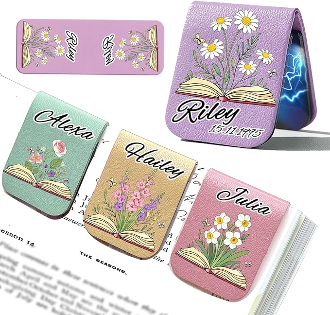 Magnetic Bookmark Clip Personalized for Readers, Custom Leather Bookmark Birth Flower with Name,Gifts for Book Lover, Teachers, Student, Women and Firends
