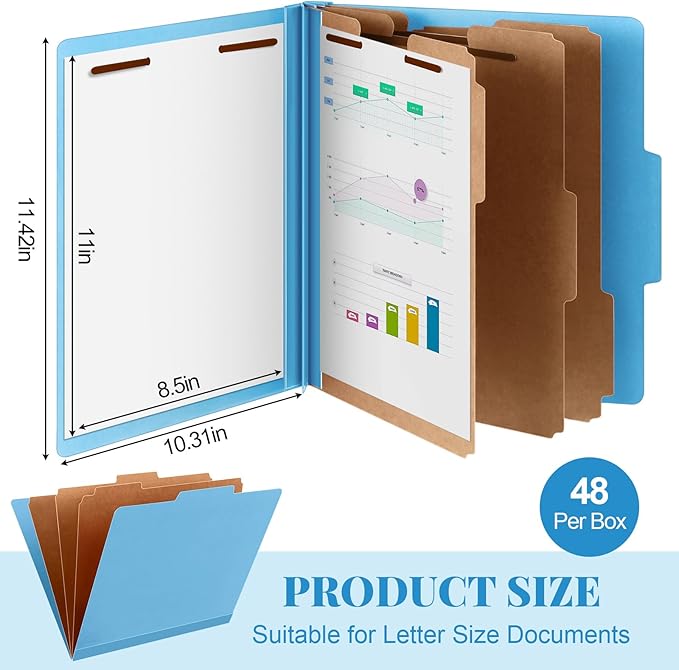Skyygemm 48 Pcs Classification Folders Letter Size, 3 Divider Pressboard File Folder with Fasteners, Expanding File Organizer Bulk for School Teachers, Office Employee, Coworker, Staff (Blue)