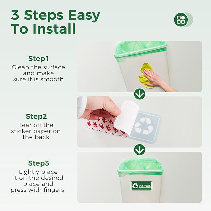6PCS Recycle Sign Stickers for Trash Bins,Self-adhesive Waterproof Trash Recycle Stickers, Recycling Labels for Trash Can, Home, Office, Apartment, Hotel, School and Public Area