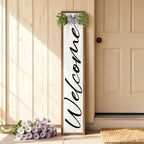 Double-sided Welcome to Our Home Wooden Sign Stand with Magnetic-adhesive Wreath for Front Door, 47" Vertical Farmhouse Welcome Porch Sign for Outdoor Patio Garden, 2in1 Large Tall Porch Leaner Decor