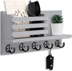 Lwenki Key Holder for Wall – Decorative Wooden Mail Holder and Key Shelf with Mounting Hardware, Installation Guide – Paulownia Wood with 5 Metal Key Hooks (11.8” x 6.7” x 2.8”)