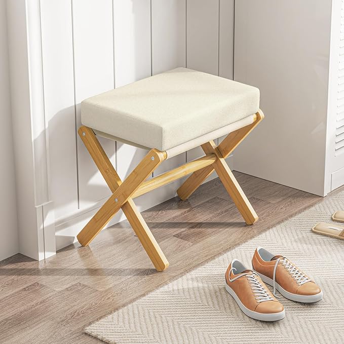 BAMBOOHOMIE Foldable Foot Stool Ottoman, Modern Foot Rest with Bamboo X Legs & Thick Foam Cushion, Folding Foot Stools Small Padded for Bedroom Living Room, Footstool for Chair Couch (Natural - Beige)