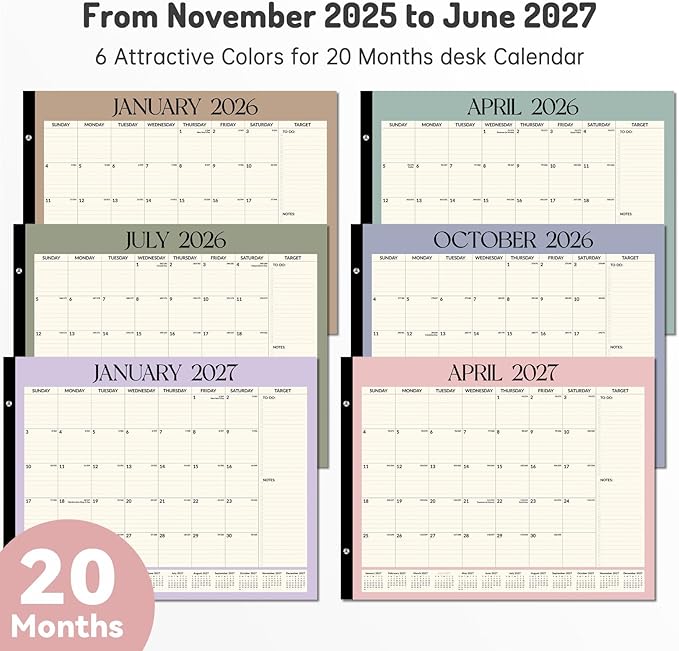 Forvencer 22" x 17" Large Desk Calendar 2026, 20 Months Calendar Runs from November 2025 to June 2027, 2026 Desk Calendar Monthly Planner with Plastic Cover for Home School Office, Pink