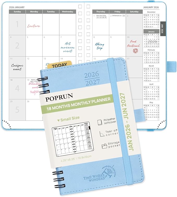 POPRUN Pocket Monthly Planner 2026-2027 (Small Size 4.25" x 6.25") 18 Months Calendar Book(Jan 2026 - Jun 2027) - 4 Pages per Month with Expense & Notes, Leather Cover, Sunday Starts - Blue