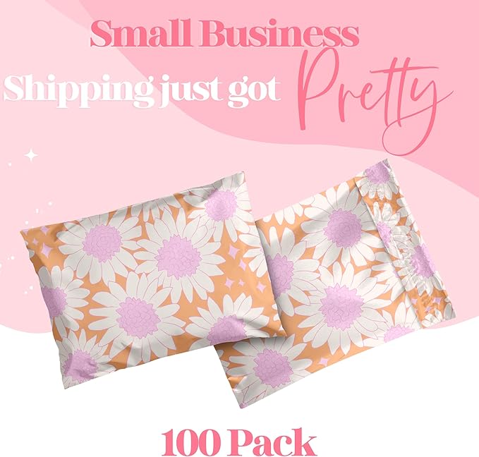 Pretty Package Store 10x13 Designer Poly Mailer 100 Pack Heavy Duty Waterproof Self Seal Shipping Bags for Small Business Large Mailing Envelopes Bulk Tear Resistant Cute Packaging Pink Blooms Flowers