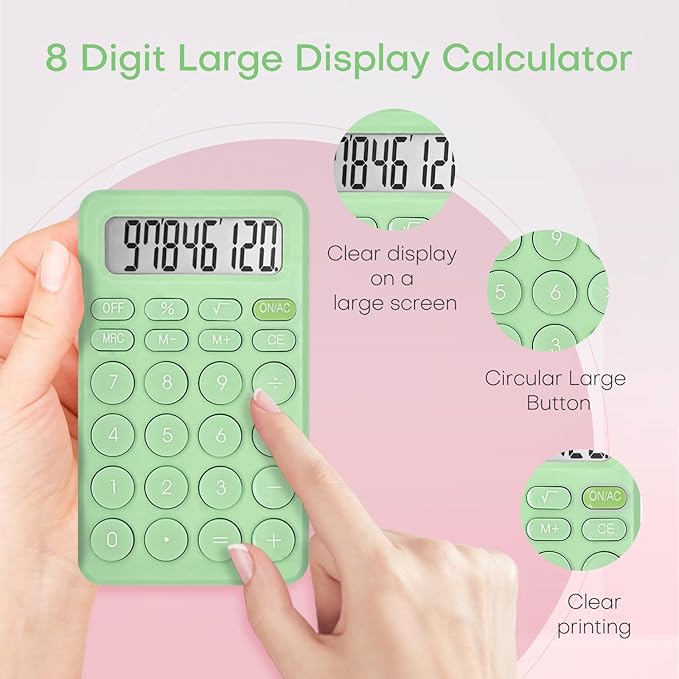 Cute Calculator, Basic Four Function Calculator for Teachers Students Basics Office, Small Handheld Calculators, 8 Digit with LCD Display, Sensitive Button, 5.5×3.2 inches Light Green