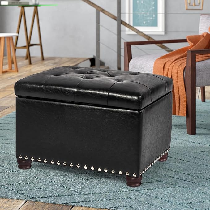 Decent Home 24'' Leather Storage Ottoman Rectangular Foot Rest Stool with Nailhead Trim Chests & Storage Room Organizer for Bedroom Living Room(Black)