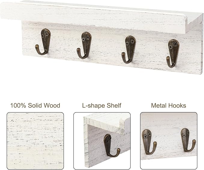 HRONRAD Rustic Key Holder for Wall, Farmhouse Wall Shelf with 4 Hooks, Wall Mounted Key Racks, Wooden Mail Organizer with Hooks for Entryway (White)