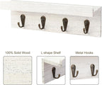 HRONRAD Rustic Key Holder for Wall, Farmhouse Wall Shelf with 4 Hooks, Wall Mounted Key Racks, Wooden Mail Organizer with Hooks for Entryway (White)