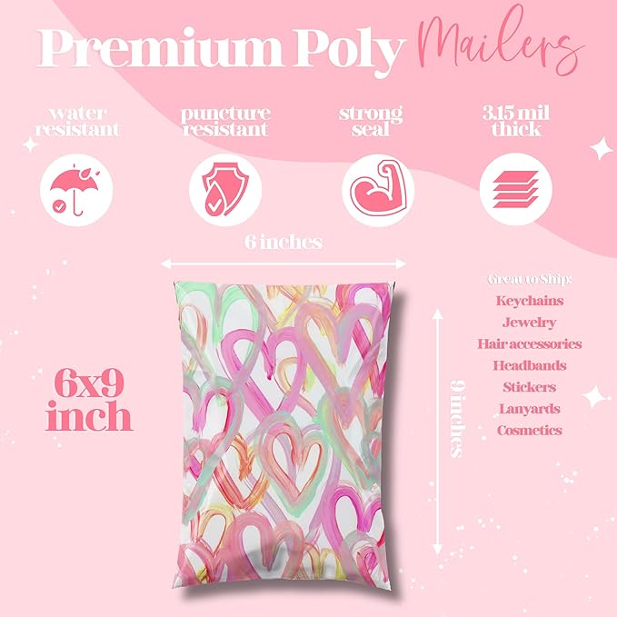 Pretty Package Store 6x9 Designer Poly Mailer 100 Pack Heavy Duty Waterproof Self Seal Shipping Bags for Small Business Large Mailing Envelopes Bulk Tear Resistant Cute Packaging Happy Hearts