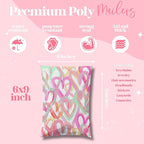 Pretty Package Store 6x9 Designer Poly Mailer 100 Pack Heavy Duty Waterproof Self Seal Shipping Bags for Small Business Large Mailing Envelopes Bulk Tear Resistant Cute Packaging Happy Hearts