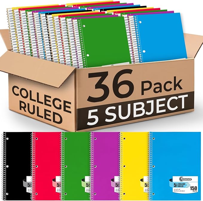 Rosmonde 36 Pack Spiral Notebook, Bulk 5 Subject Notebooks, College Ruled, 300 Pages(150 Sheets), 8 x 10-1/2", Bulk Subject Notebooks for Schools, Sturdy Spiral Binding & Soft Cover, Assorted Colors