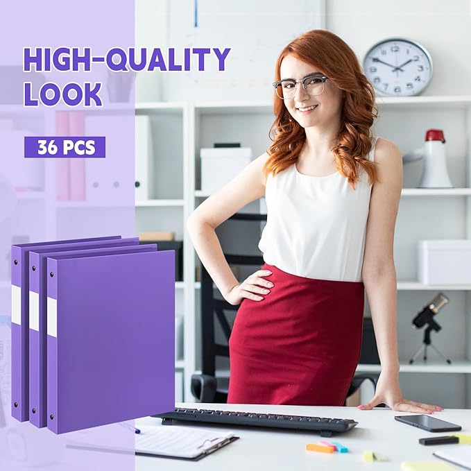 Henoyso 36 Pcs 3 Ring Binder 0.5 Inch Round Fits Letter Size 8.5'' x 11'' Paper Plastic Flexible Binder Bulk Holds 140 Sheets with 1 Pockets Versatile Organizer for Home Office School (Purple)